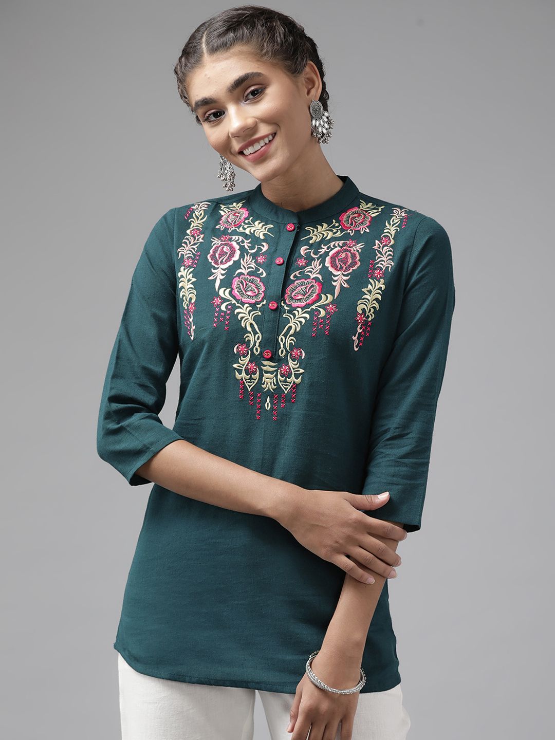 Yufta Teal Floral Embroidered Mandarin Collar Top