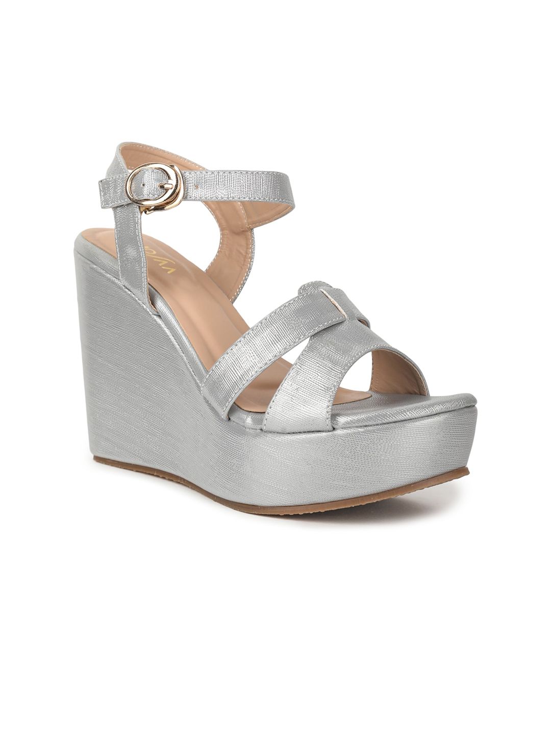 VALIOSAA Silver-Toned Party Wedge Sandals with Buckles