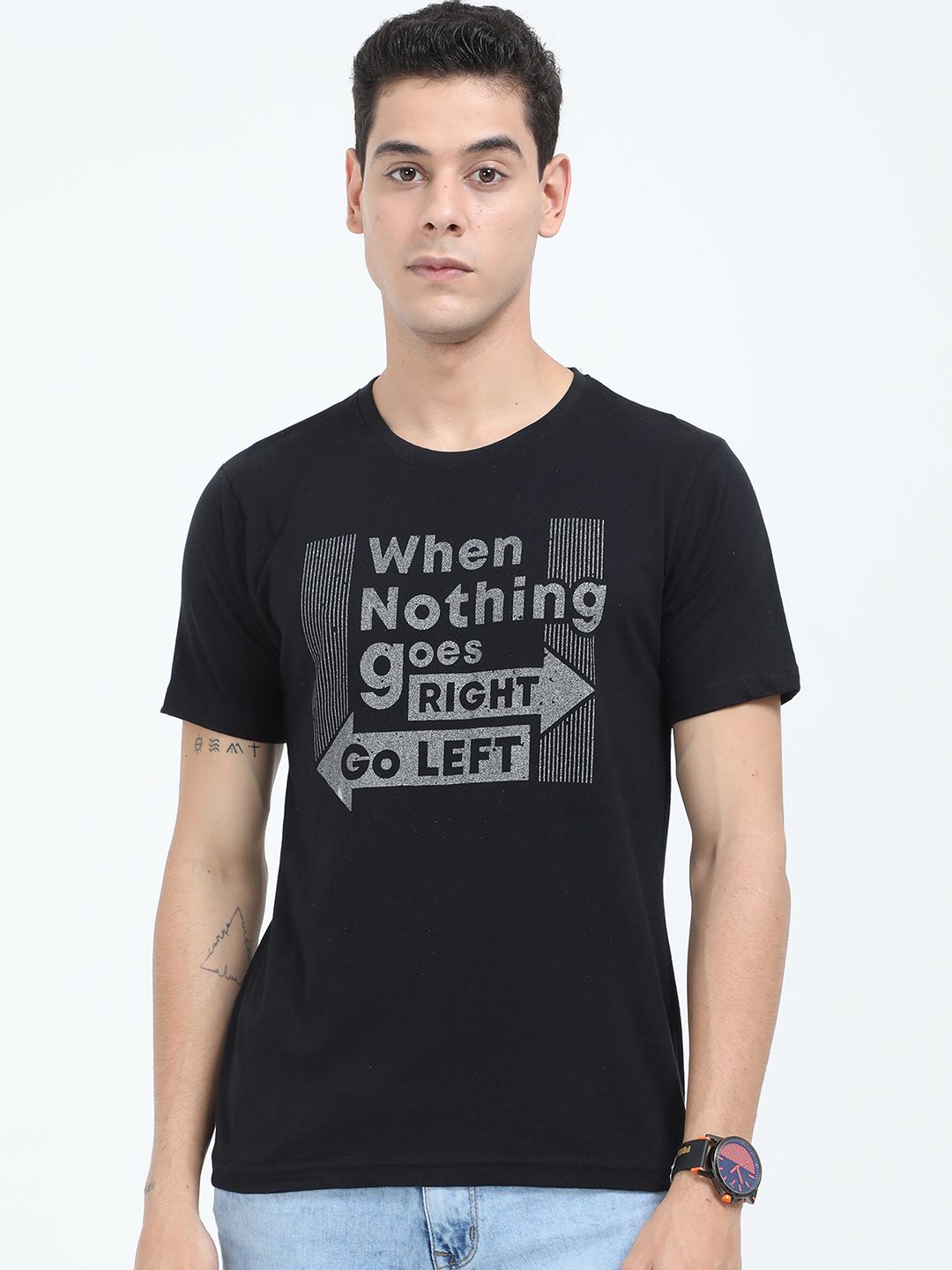 Fleximaa Men Black Typography Printed Raw Edge T-shirt