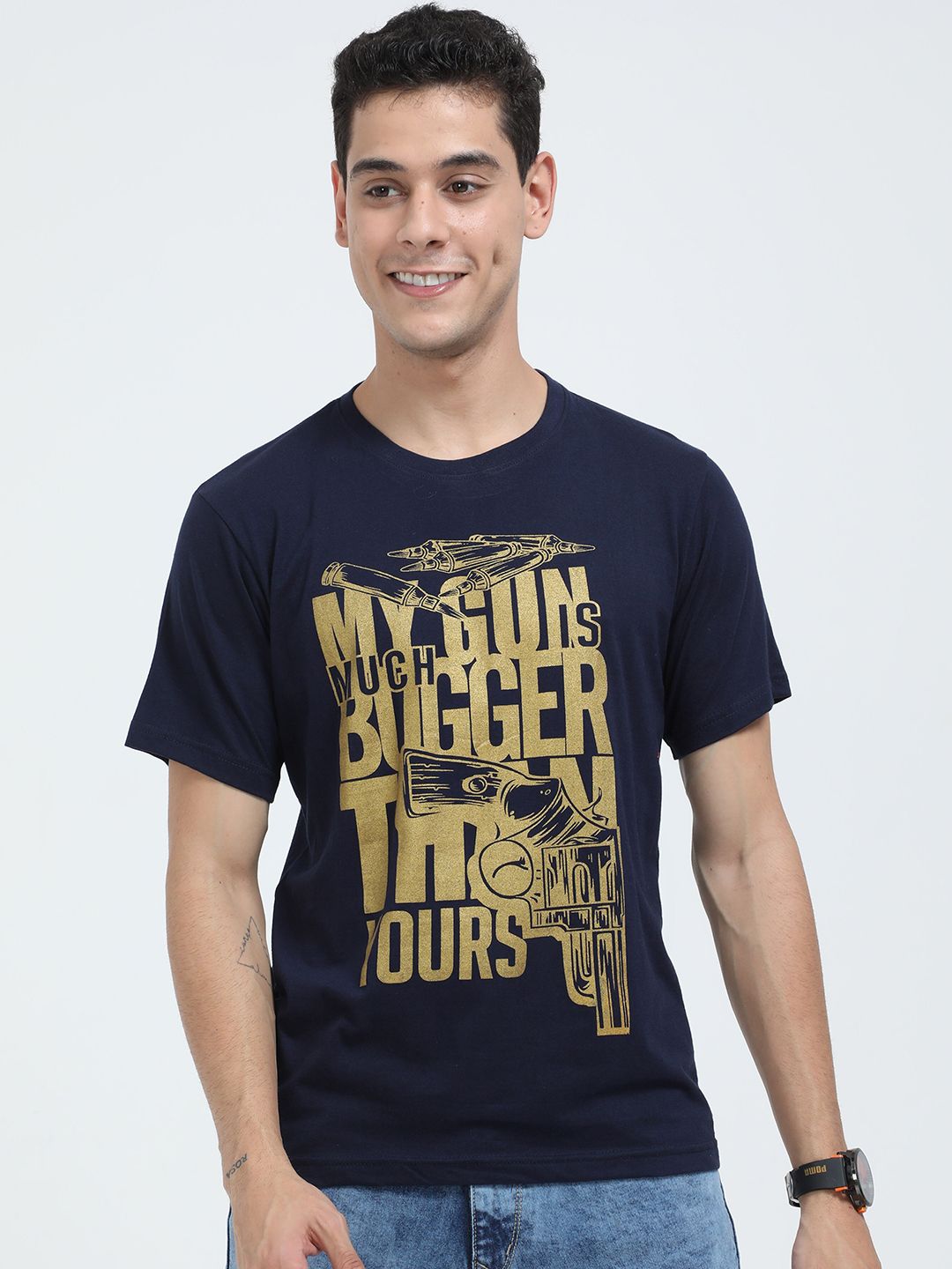 Fleximaa Men Navy Blue Typography Printed Raw Edge T-shirt
