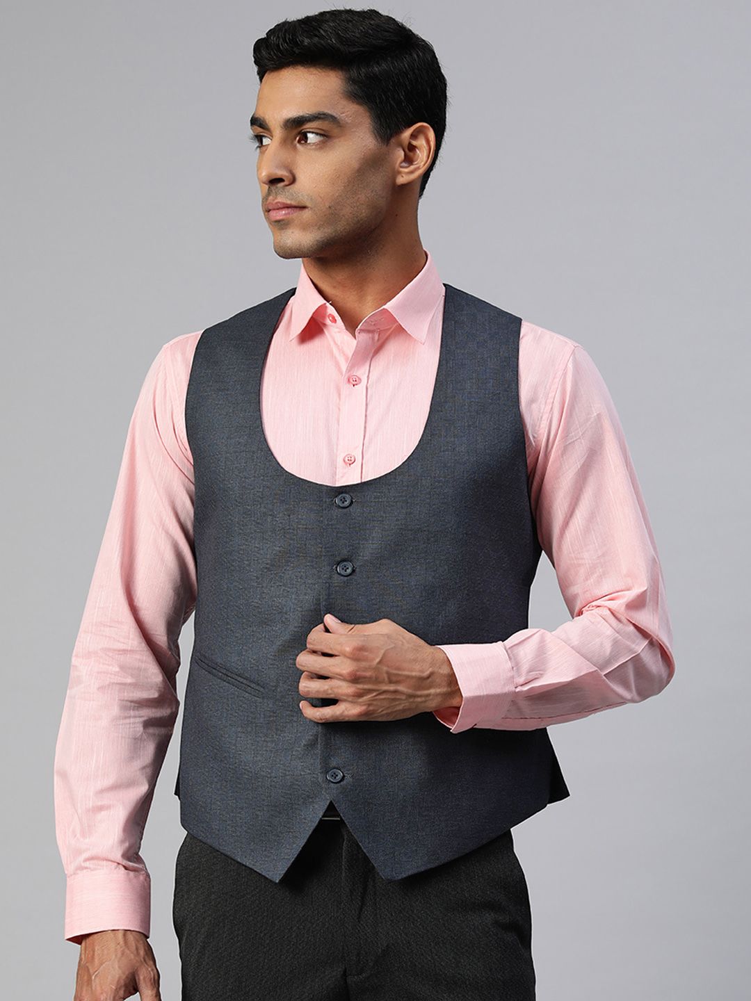 ManQ Men Navy Blue Checked Slim Fit Formal Waistcoat