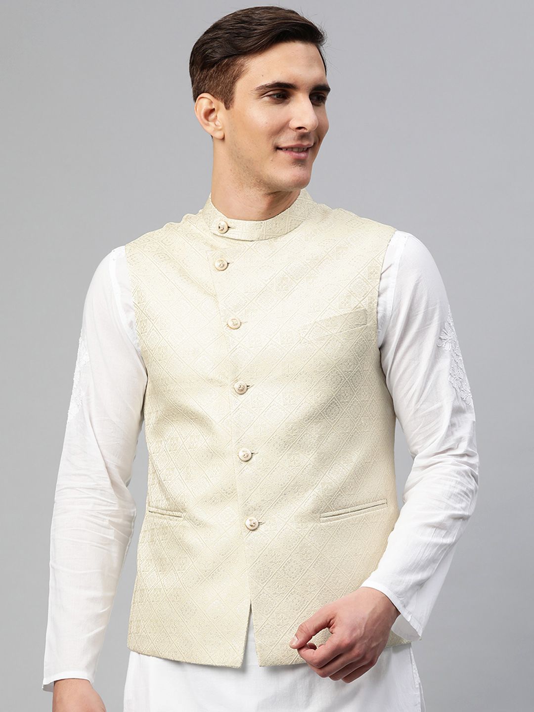 MANQ Men Cream-Coloured Ethnic Motifs Jaquard Woven Design Nehru Jacket