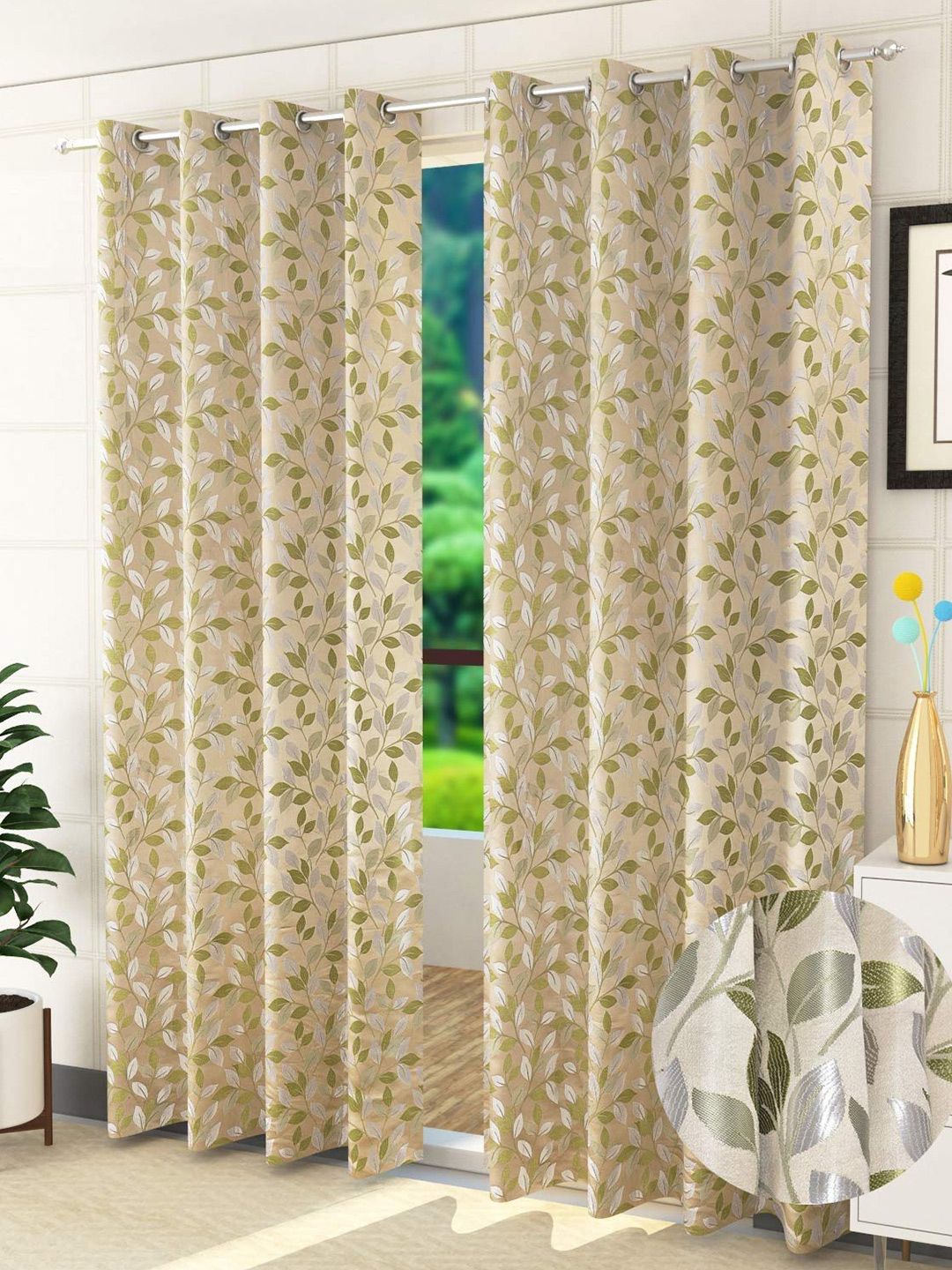 Fresh From Loom Green & Beige Set of 2 Floral Room Darkening Long Door Curtain