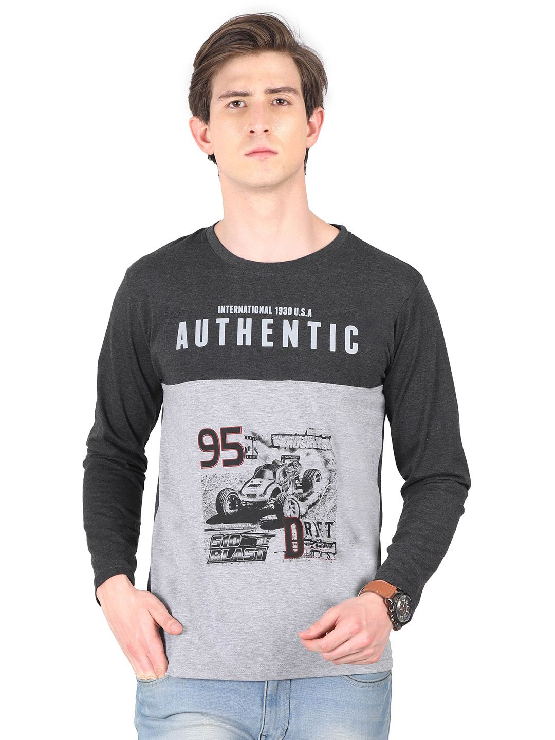 Fleximaa Men Multicoloured Biker Printed Drop-Shoulder Sleeves Applique T-shirt