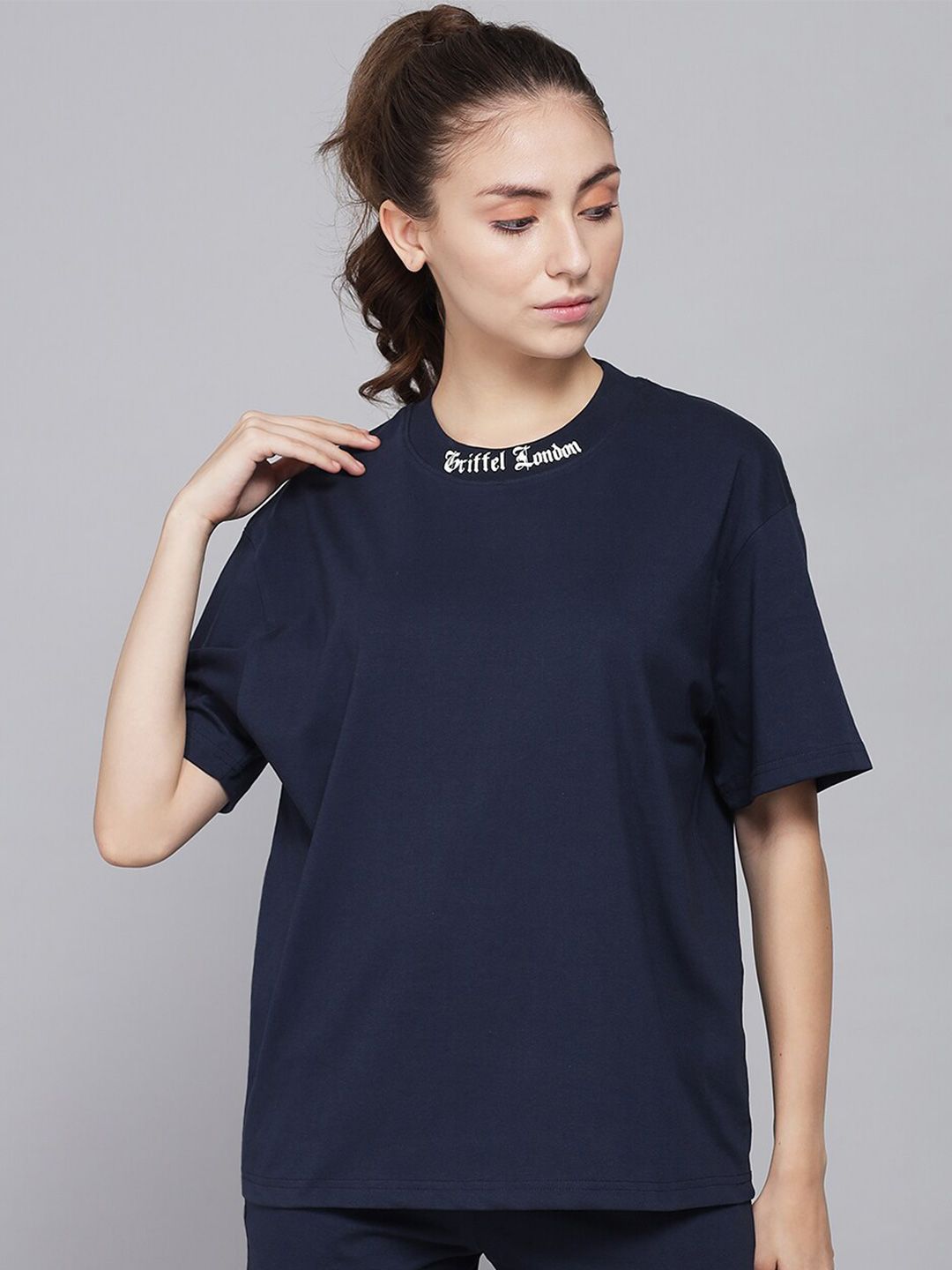GRIFFEL Women Navy Blue Drop-Shoulder Sleeves Oversized  T-shirt