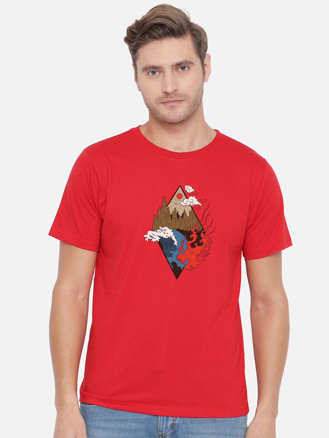 FFLIRTYGO Men Red Printed Cotton T-shirt