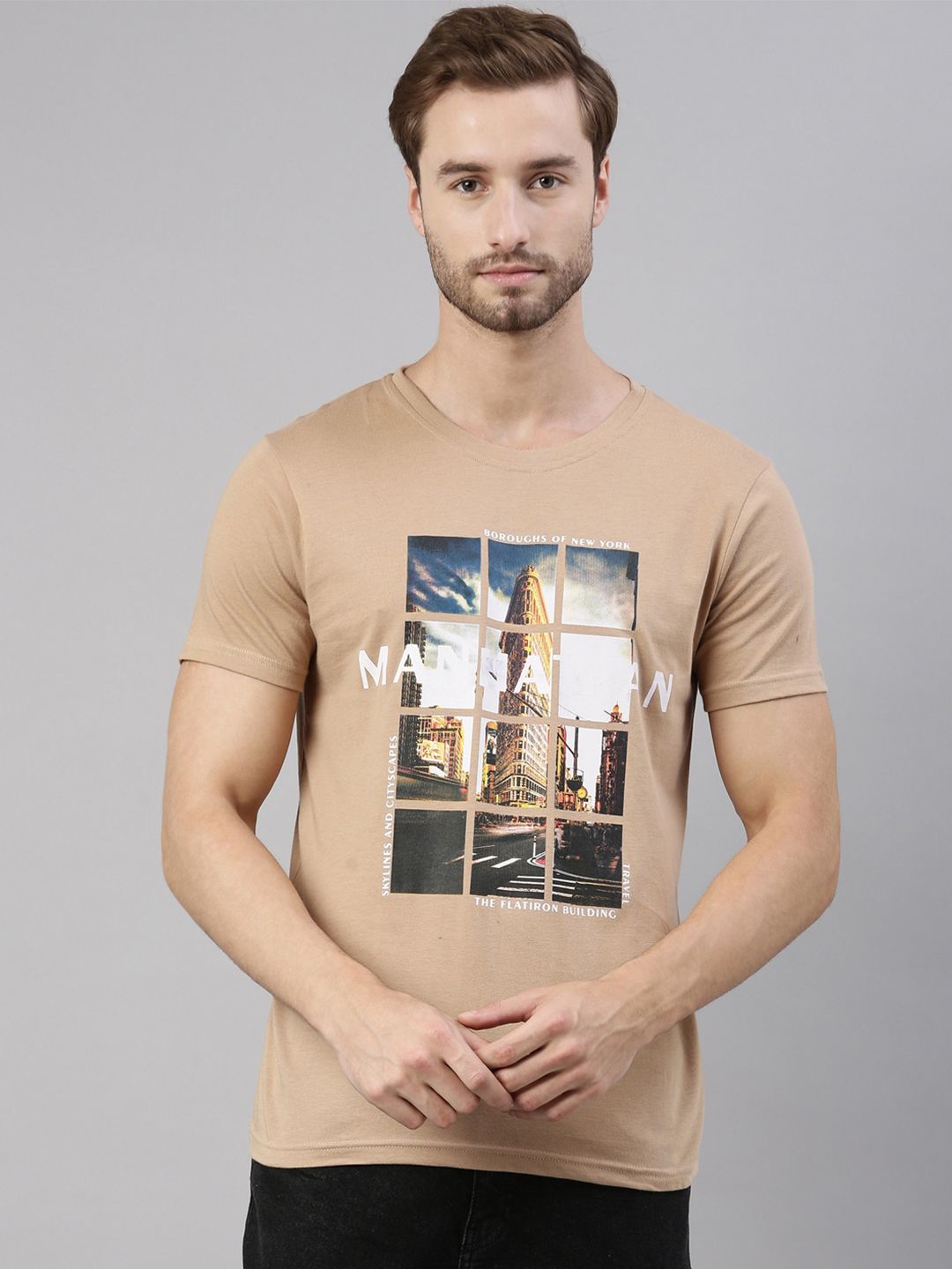 Joven Men Brown Printed Pure Cotton T-Shirt
