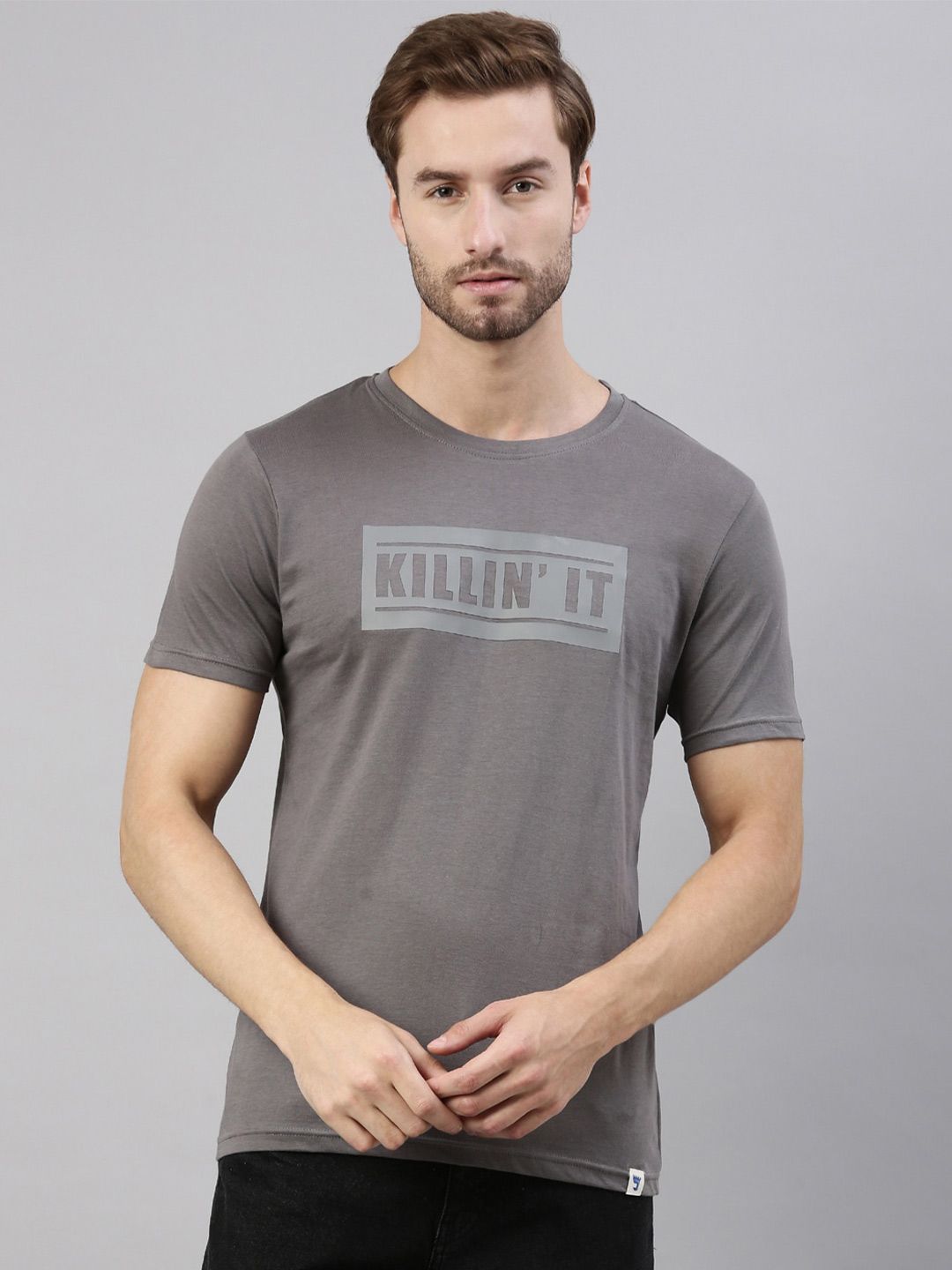 Joven Men Grey Printed Pure Cotton T-Shirt