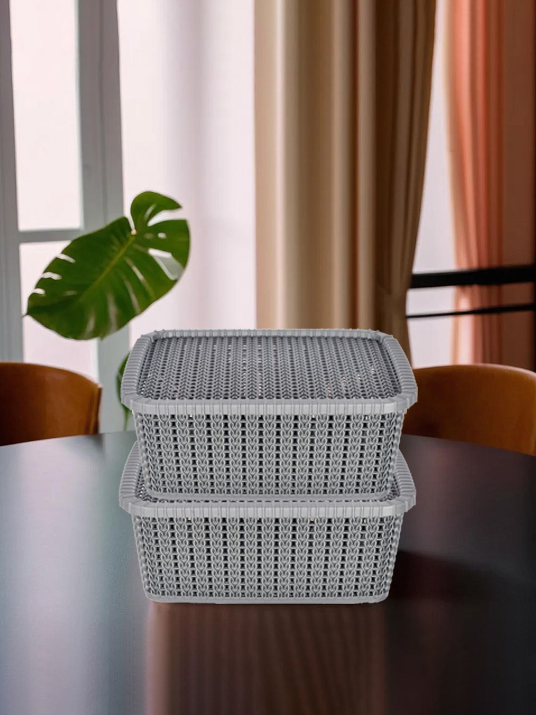 Kuber Industries Set Of 2 Grey Textured Multipurpose Plastic Basket With Lids