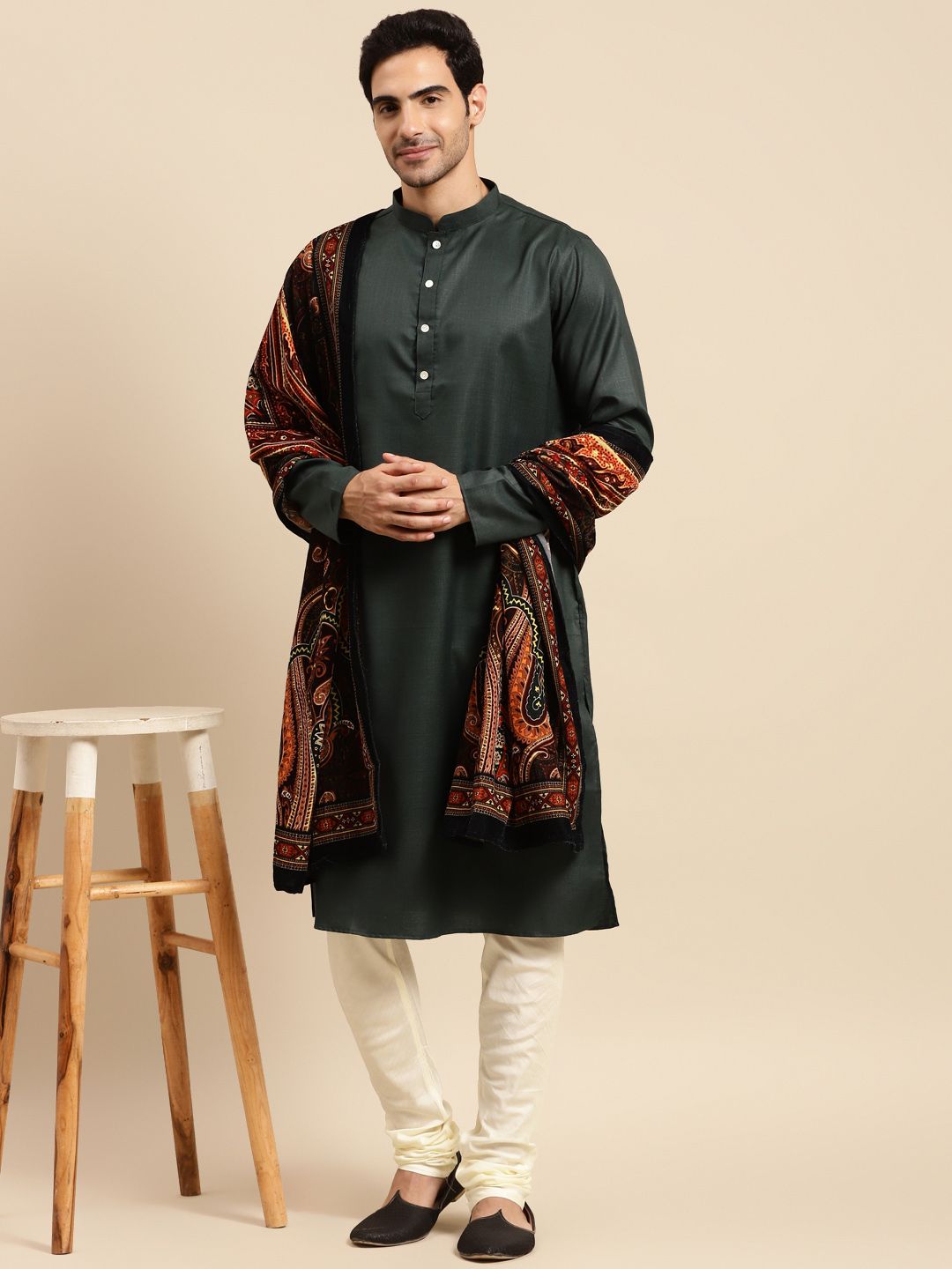 KISAH Men Teal Green & Cream -Coloured Kurta with Churidar With Shawl