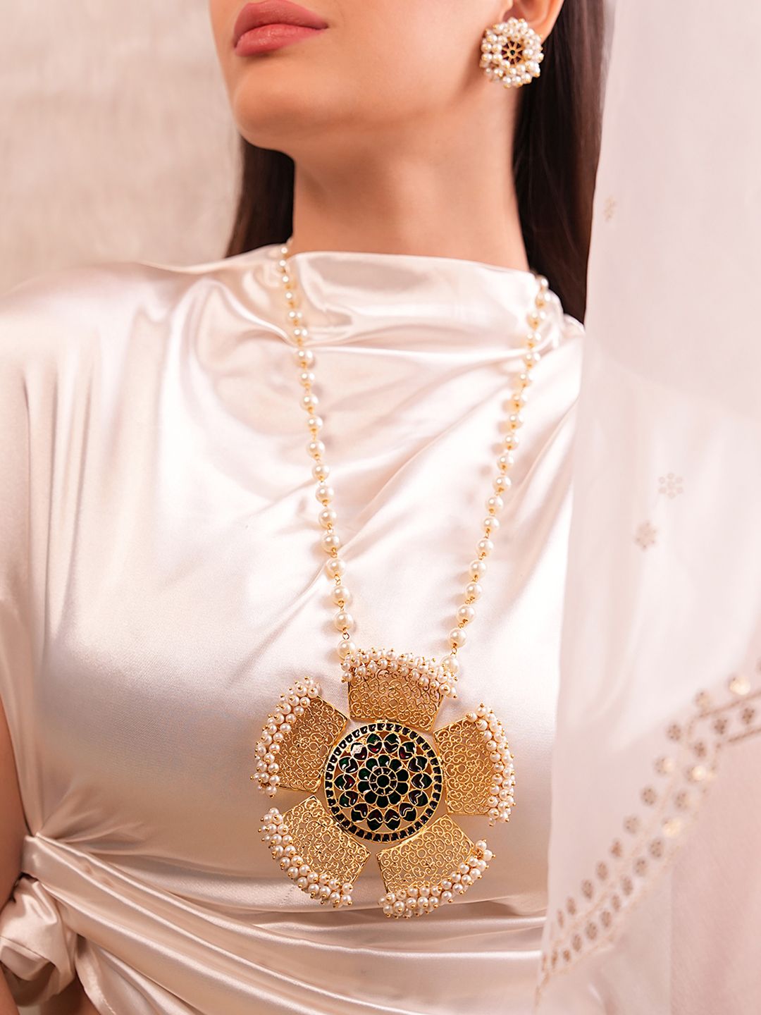 Binnis Wardrobe Women Gold-Plated & White Kundan-Studded Jewellery Set