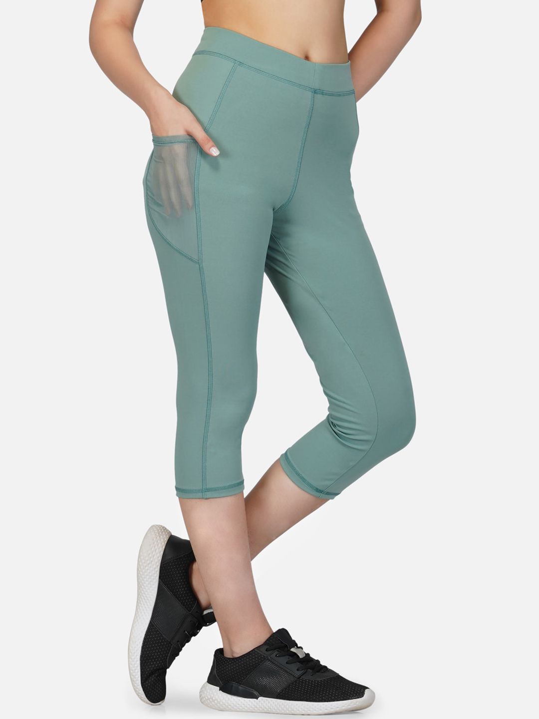 IMPERATIVE Women Green Tights Pants With 2 Phone Pockets With Mesh Inserts