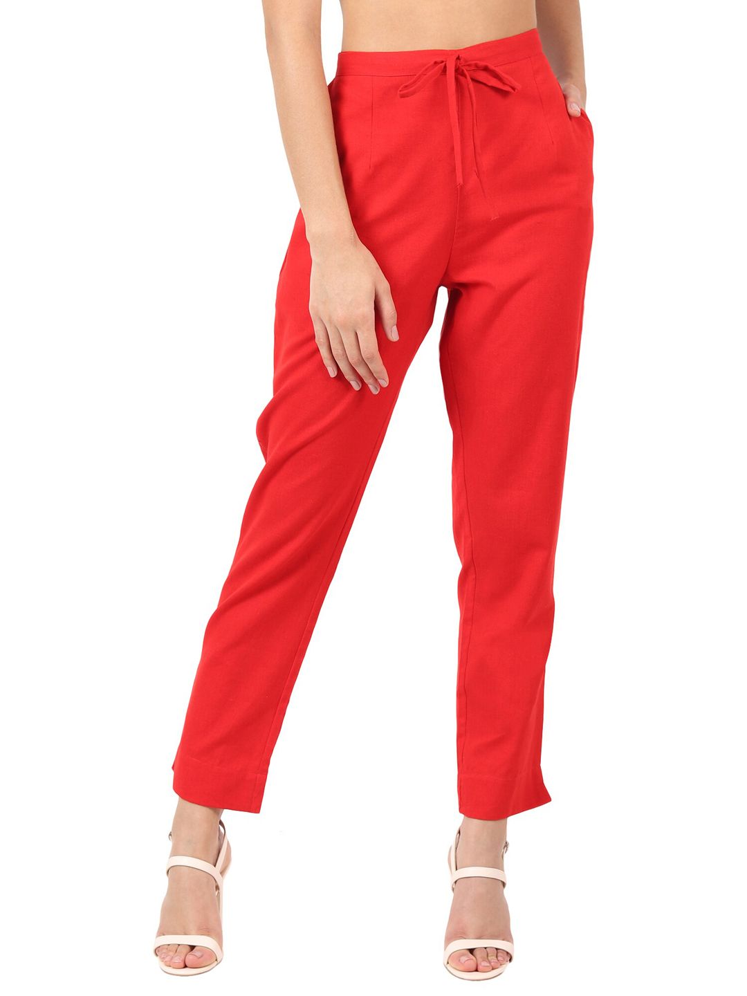 MUFFLY Women Red Cotton Flex Trousers