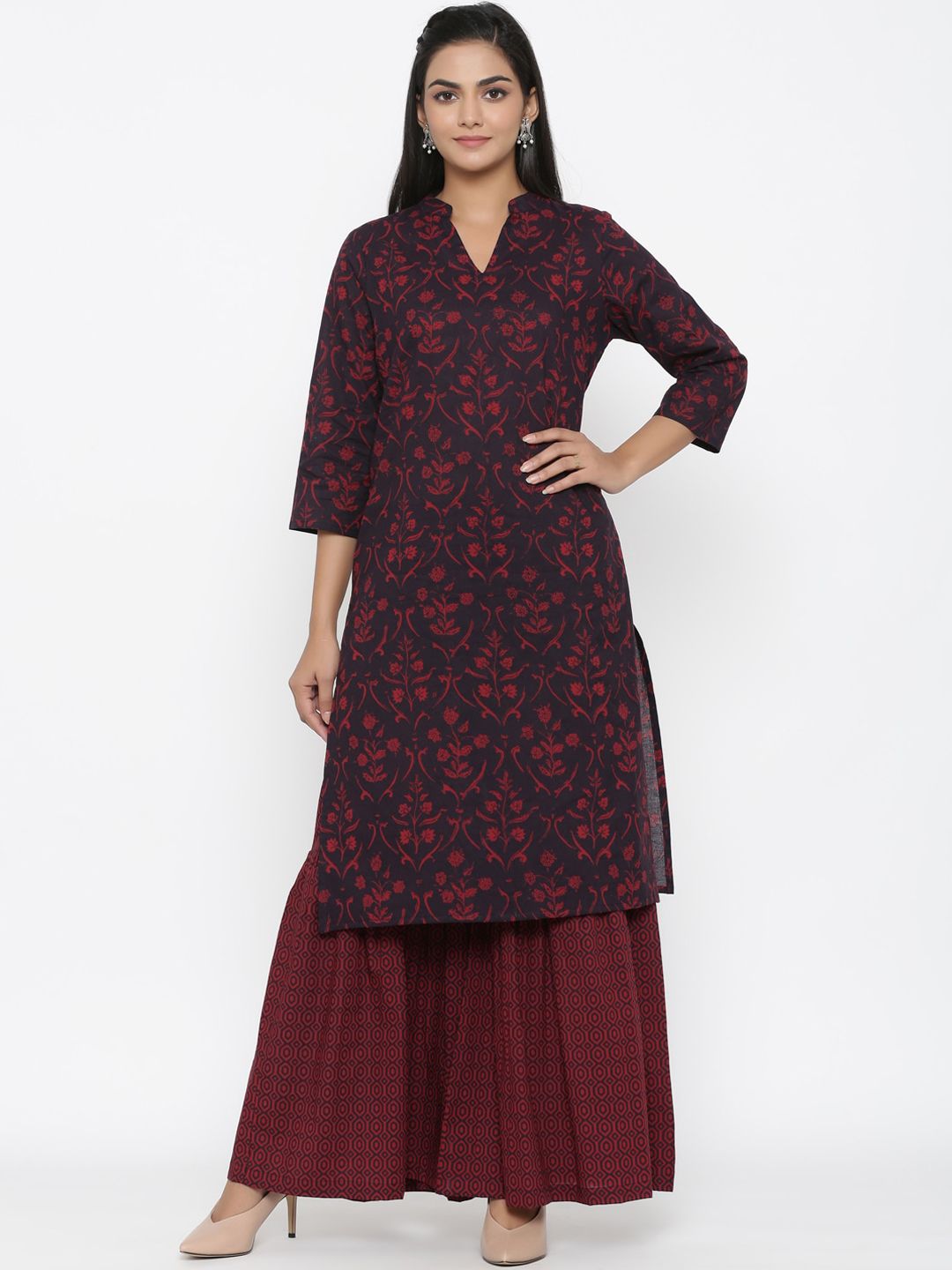 MIRAVAN Women Maroon Floral Printed Pure Cotton Kurta with Sharara