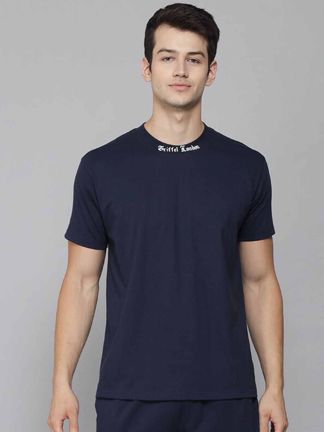 GRIFFEL Men Navy Blue Polo Collar T-shirt