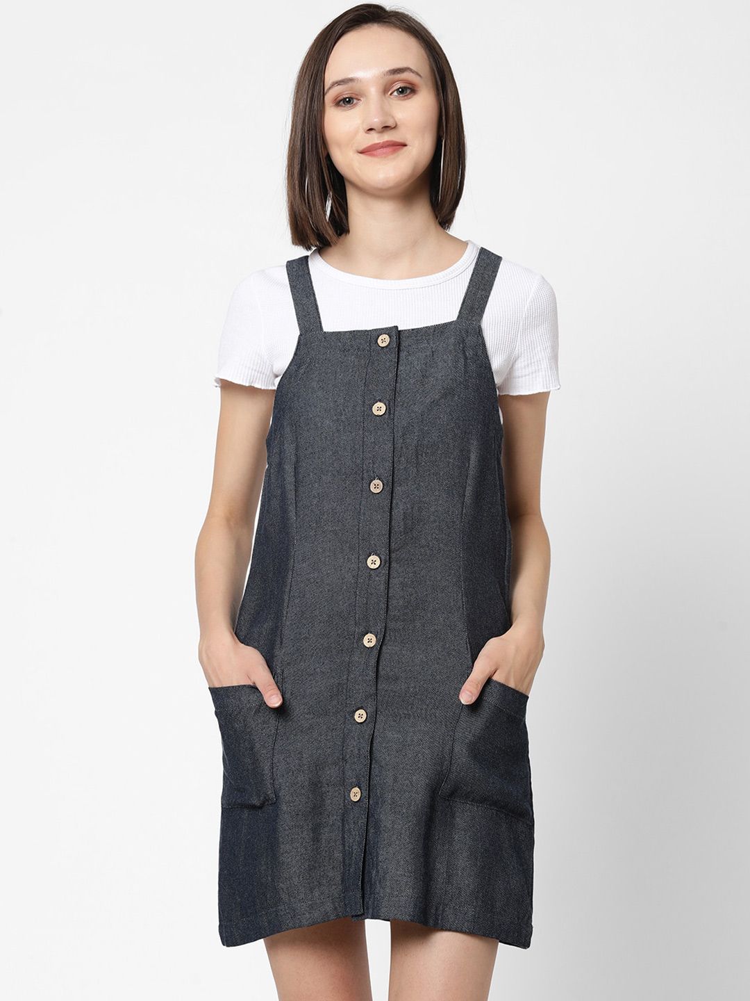 VASTRADO Cute Denim Cotton Above Knee Pinafore Dress