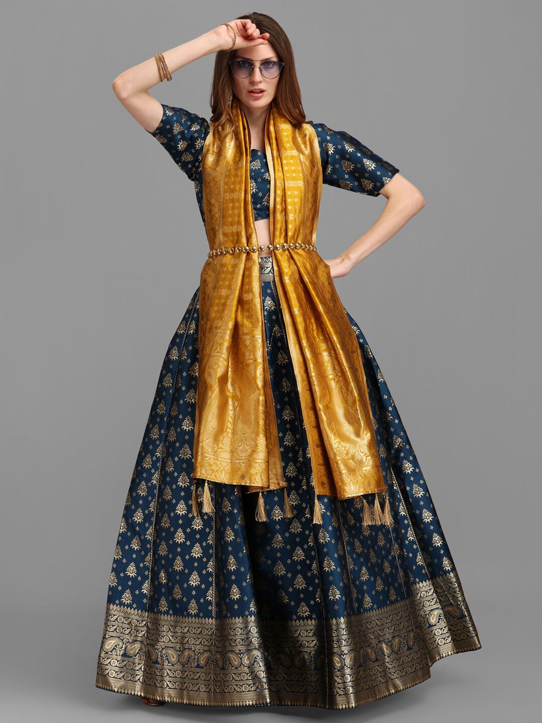 PURVAJA Teal Blue & Gold Woven Design Semi-Stitched Lehenga & Unstitched Choli Dupatta