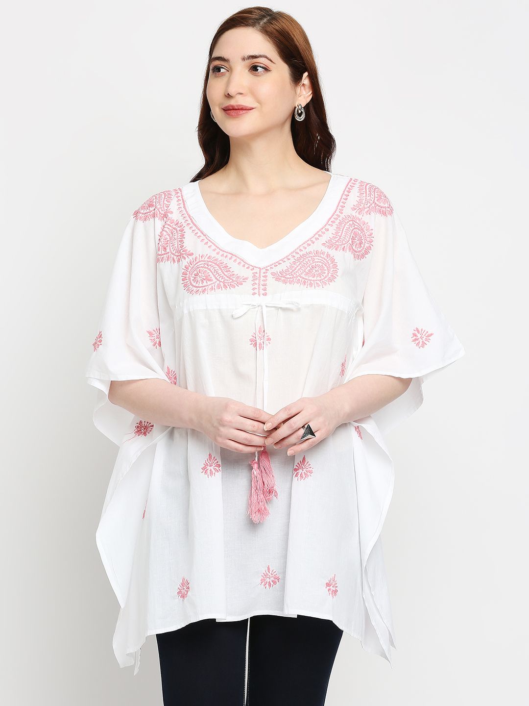 Indiankala4u Women Pure Cotton Chikankari Embroidered Kaftan Kurti