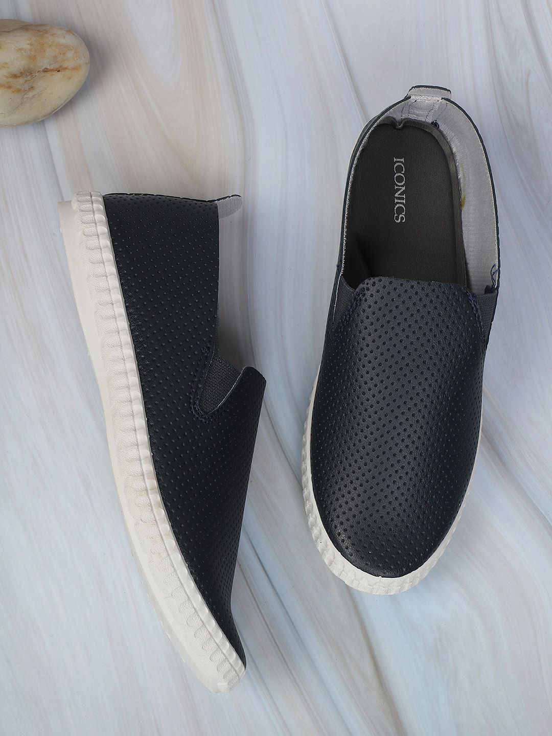 ICONICS Women Navy Blue Perforations Slip-On Sneakers