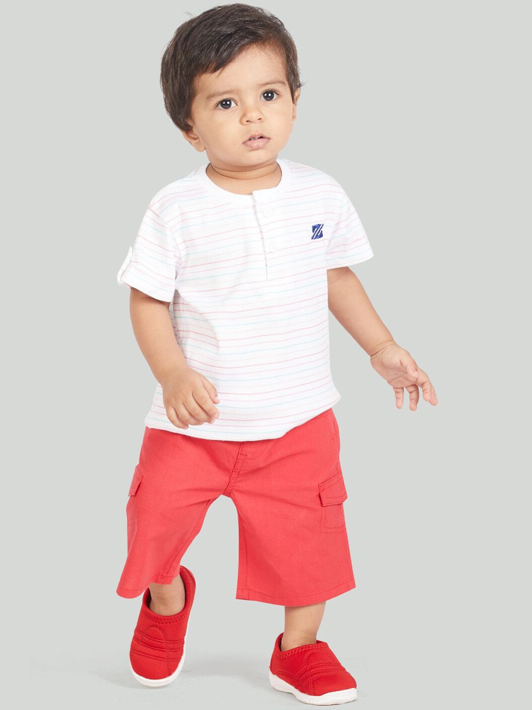 Zalio Infant Boys Off White & Red Striped Cotton T-shirt with Shorts