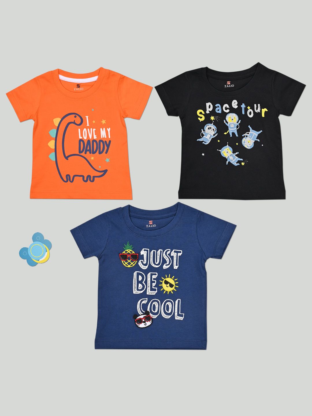 Zalio Boys Set Of 3 Orange & Blue Printed Cotton T-shirt