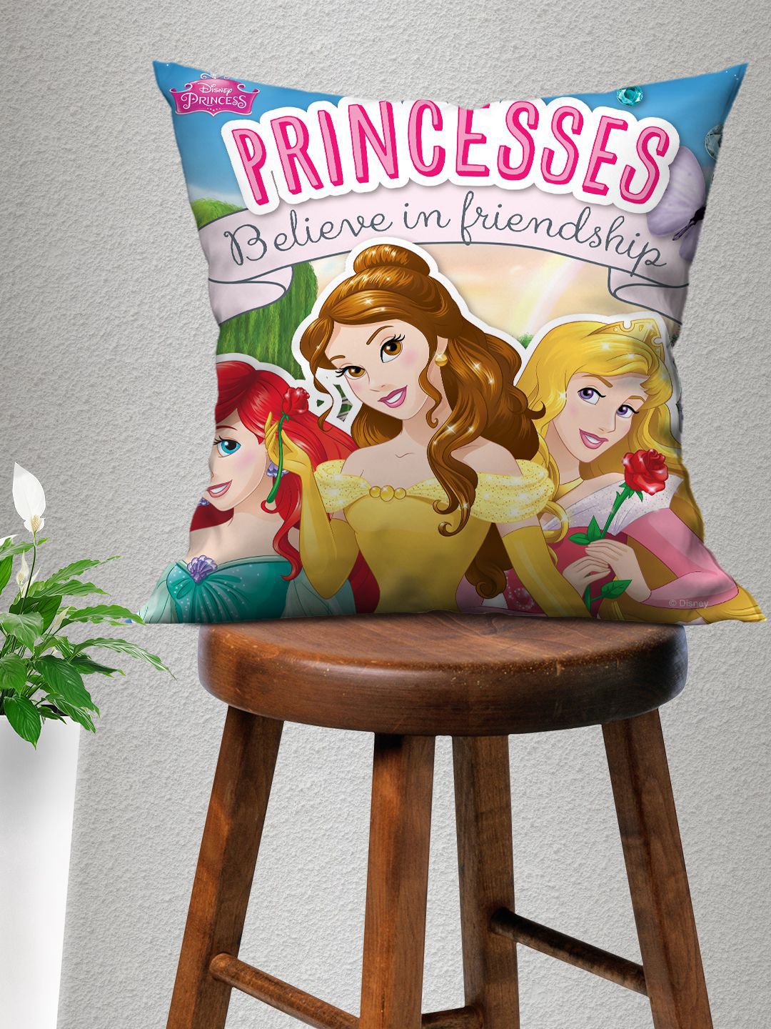 Disney Pink & Yellow Disney Princess Printed Square Cushion Cover