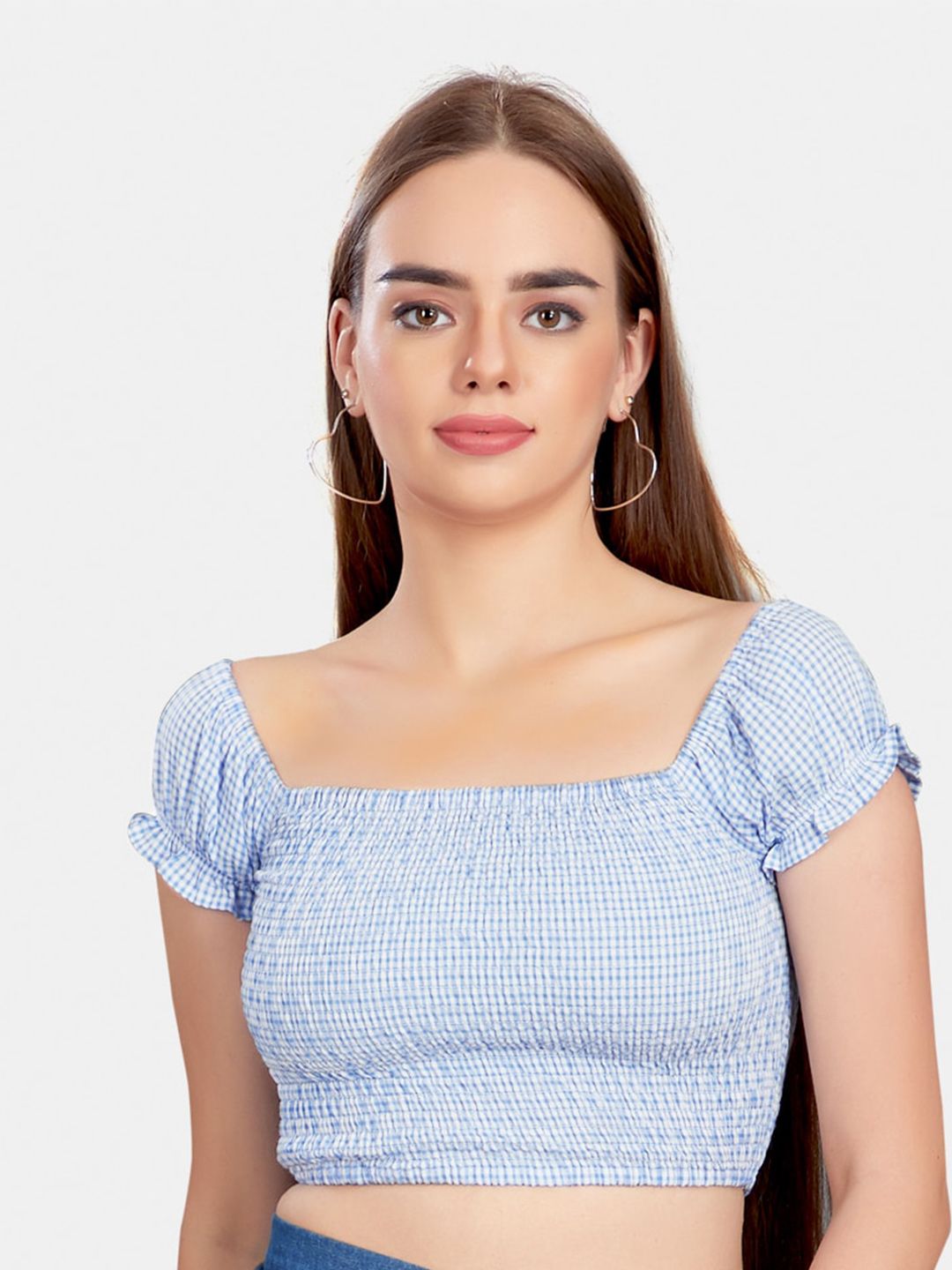 VASTRADO Smocked Tiny Smocking Checked Square Neck Puff Sleeves Crop Fitted Top