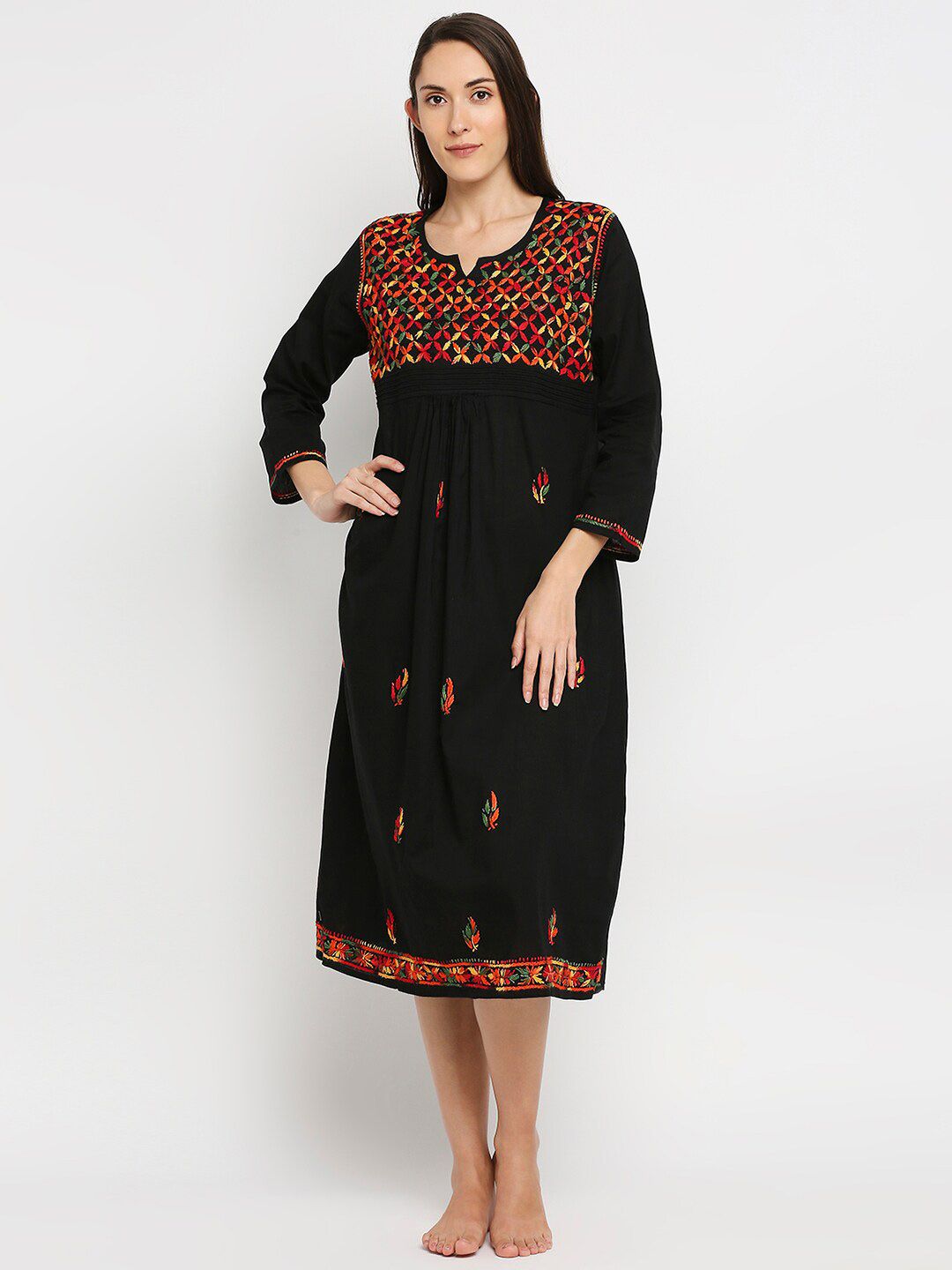 Indiankala4u Black Embroidered Chikankari Pure Cotton Mid length Nightdress