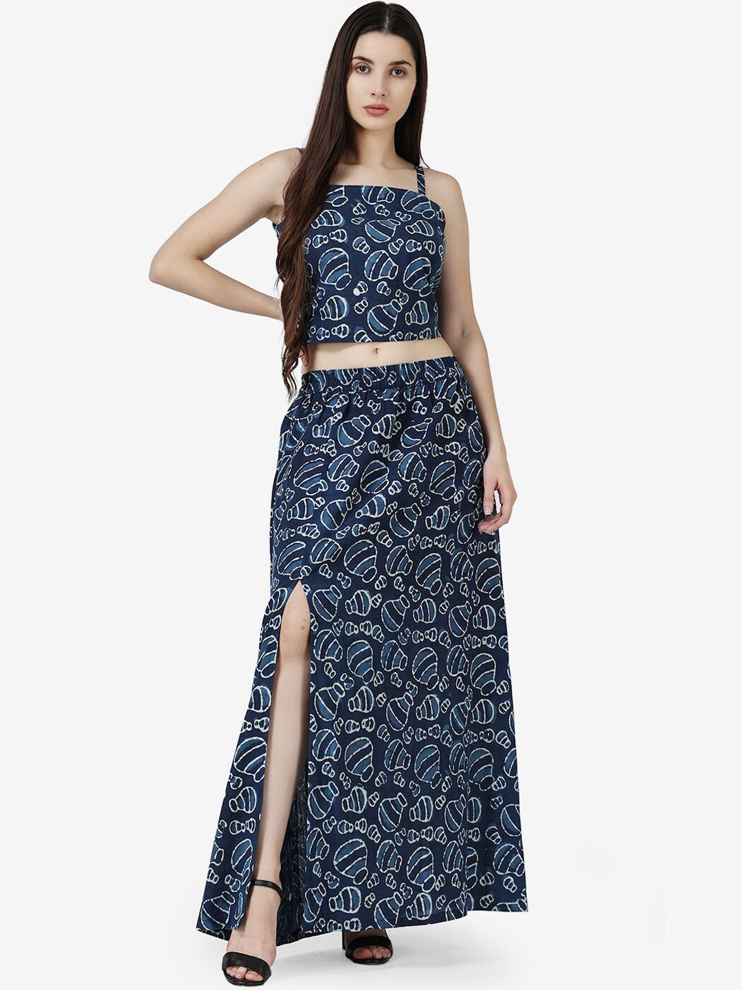 Buy Popwings Women Blue Bagru Printed Cotton Crop Top & Skirt -  - Apparel for Women