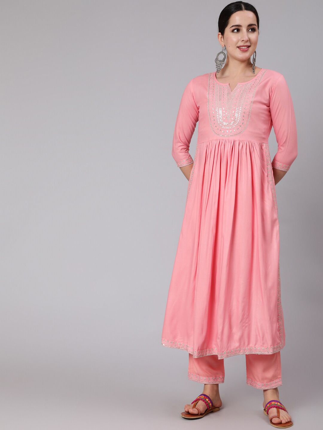 KIMAYRA Women Pink Pleated Kurta with Trousers