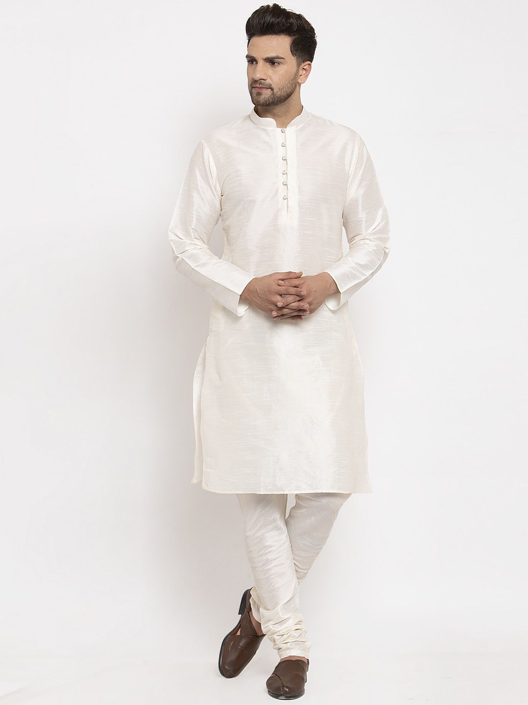KRAFT INDIA Men Cream-Coloured Dupion Silk Kurta with Churidar