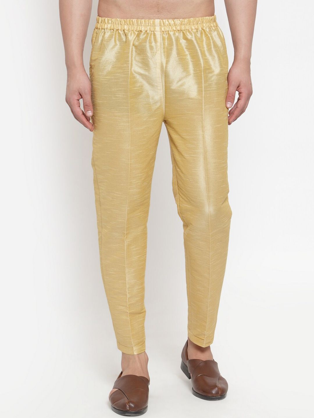 Kaifoo Men Gold Coloured Solid Silk Pyjamas