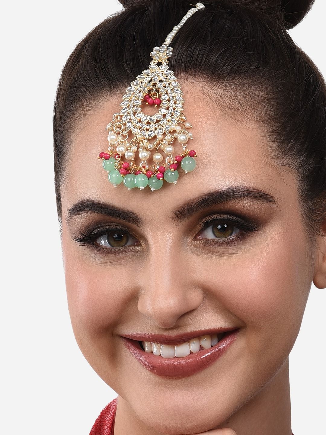 Zaveri Pearls Gold-Plated Green & White Kundan-Studded Maangtikka