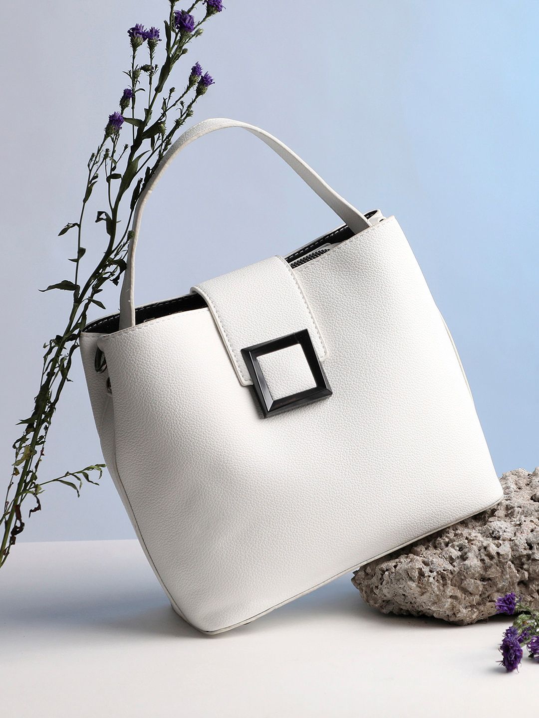 HAUTE SAUCE White PU Oversized Structured Satchel with Tasselled Handbag