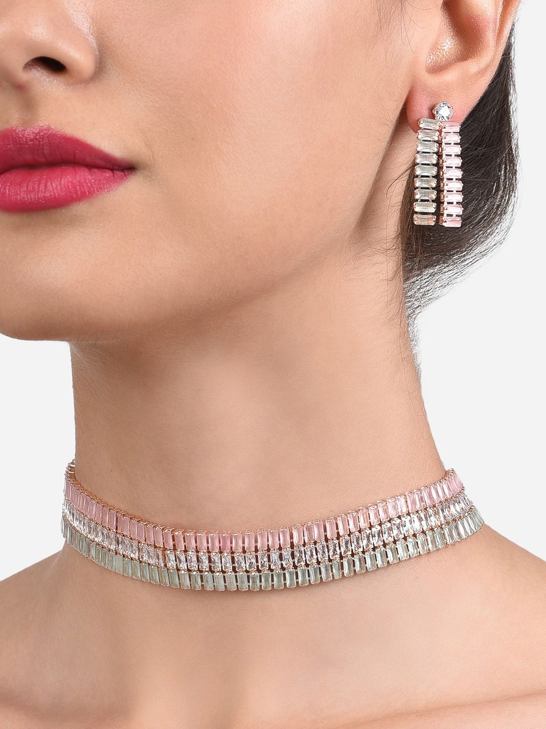 Buy Zaveri Pearls Pink & Green Cubic Zirconia Jewellery Set -  - Accessories for Women
