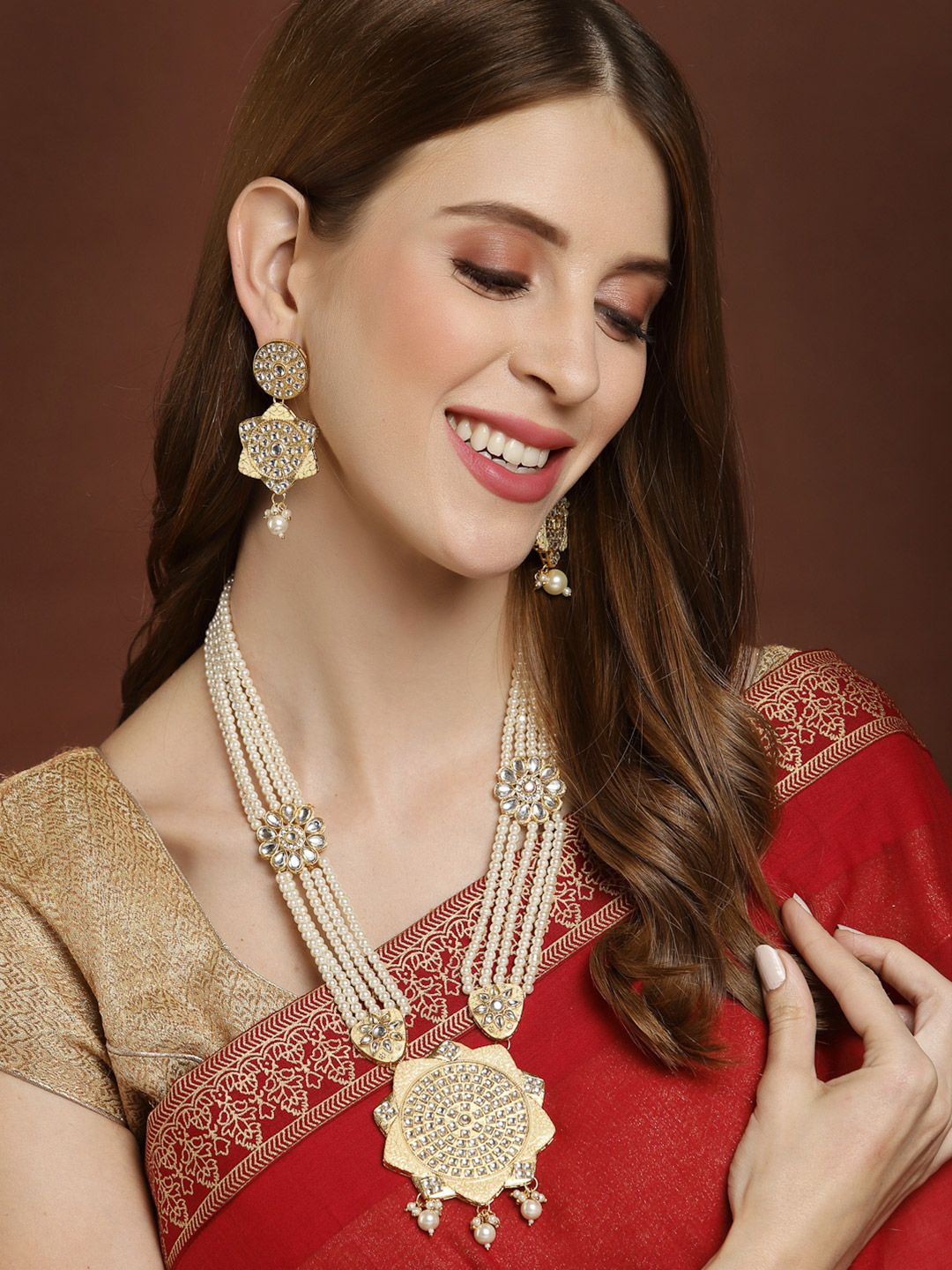 PANASH Gold-Plated White Stone-Studded & Pearl Beaded Jewellery Set