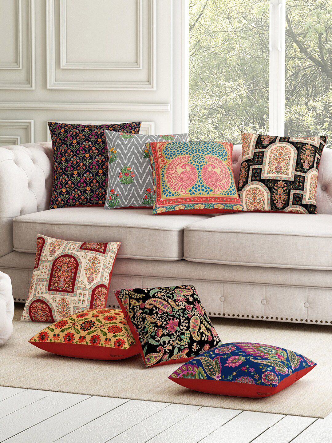 SEJ by Nisha Gupta Abstract Ethnic Motifs Polyester Silk 8 Pcs Cushion Covers -12x12In