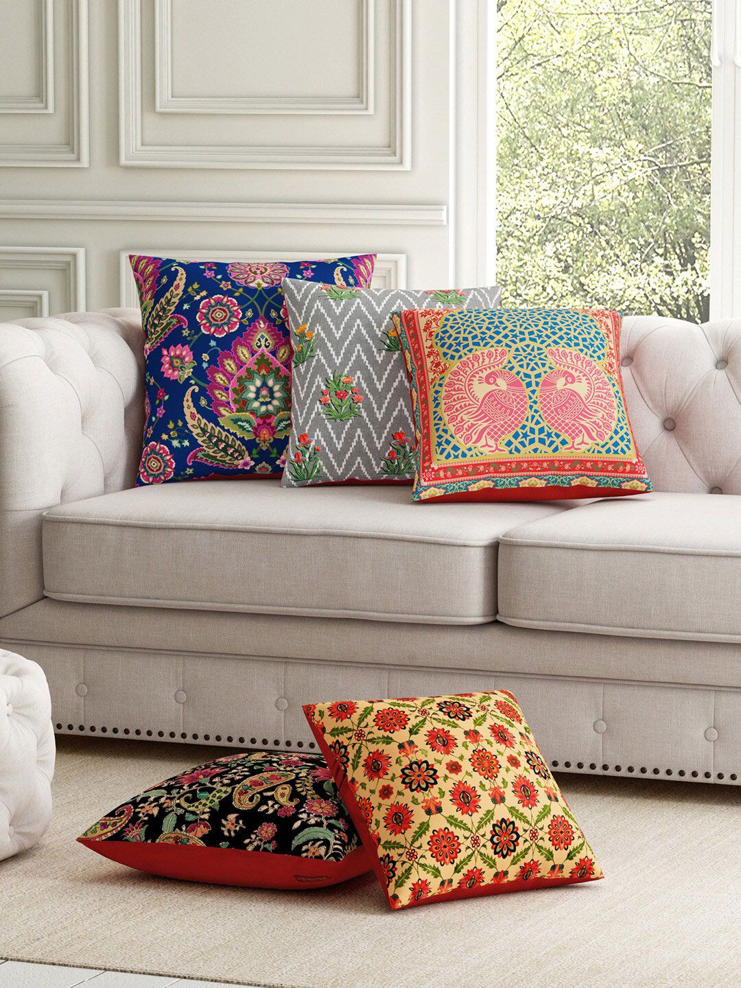 SEJ by Nisha Gupta Blue Floral Polyester HD Digital 5 Pcs Cushion Covers -15.7x15.7In