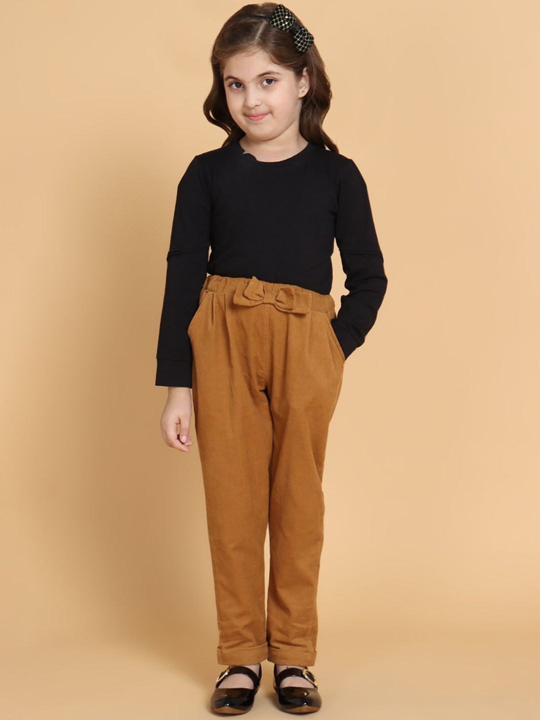 PICCOLO Girls Camel Brown & Black Set of 2 Solid Cotton Blend Clothing Set