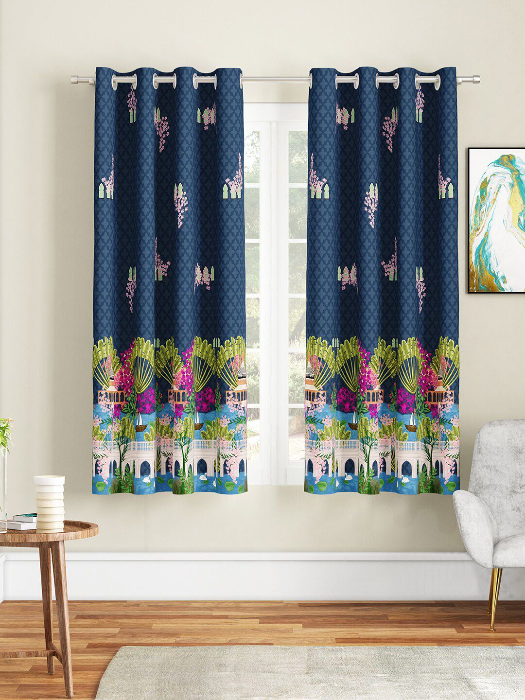 SEJ by Nisha Gupta Blue & Pink Set of 2 Window Curtain