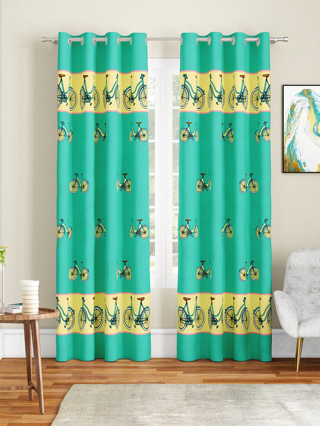 Buy SEJ By Nisha Gupta Fluorescent Green & Yellow Set Of 2 Quirky Long Door Curtain -  - Home for Unisex