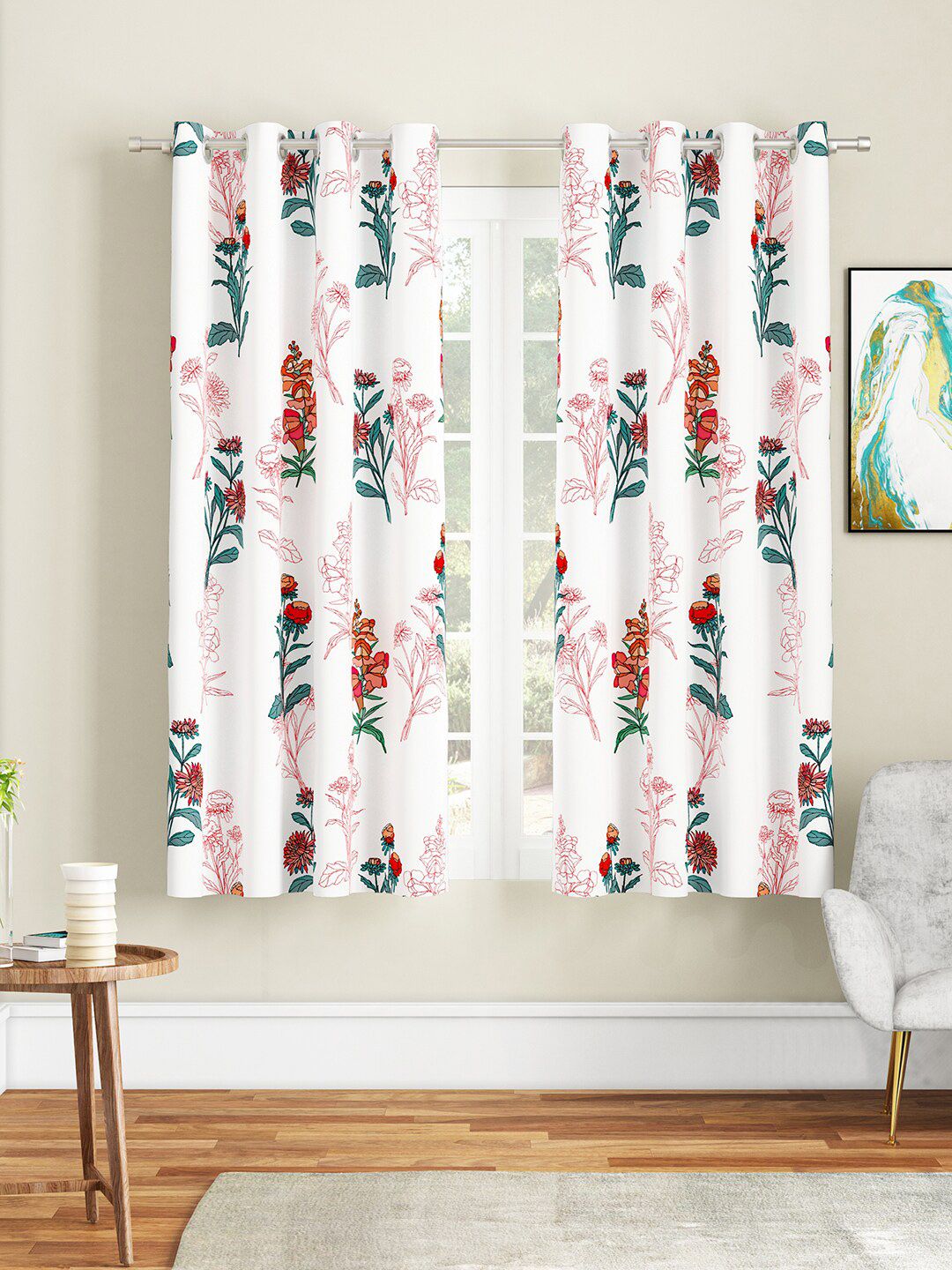 Buy SEJ By Nisha Gupta White & Red Set Of 2 Floral Window Curtain -  - Home for Unisex