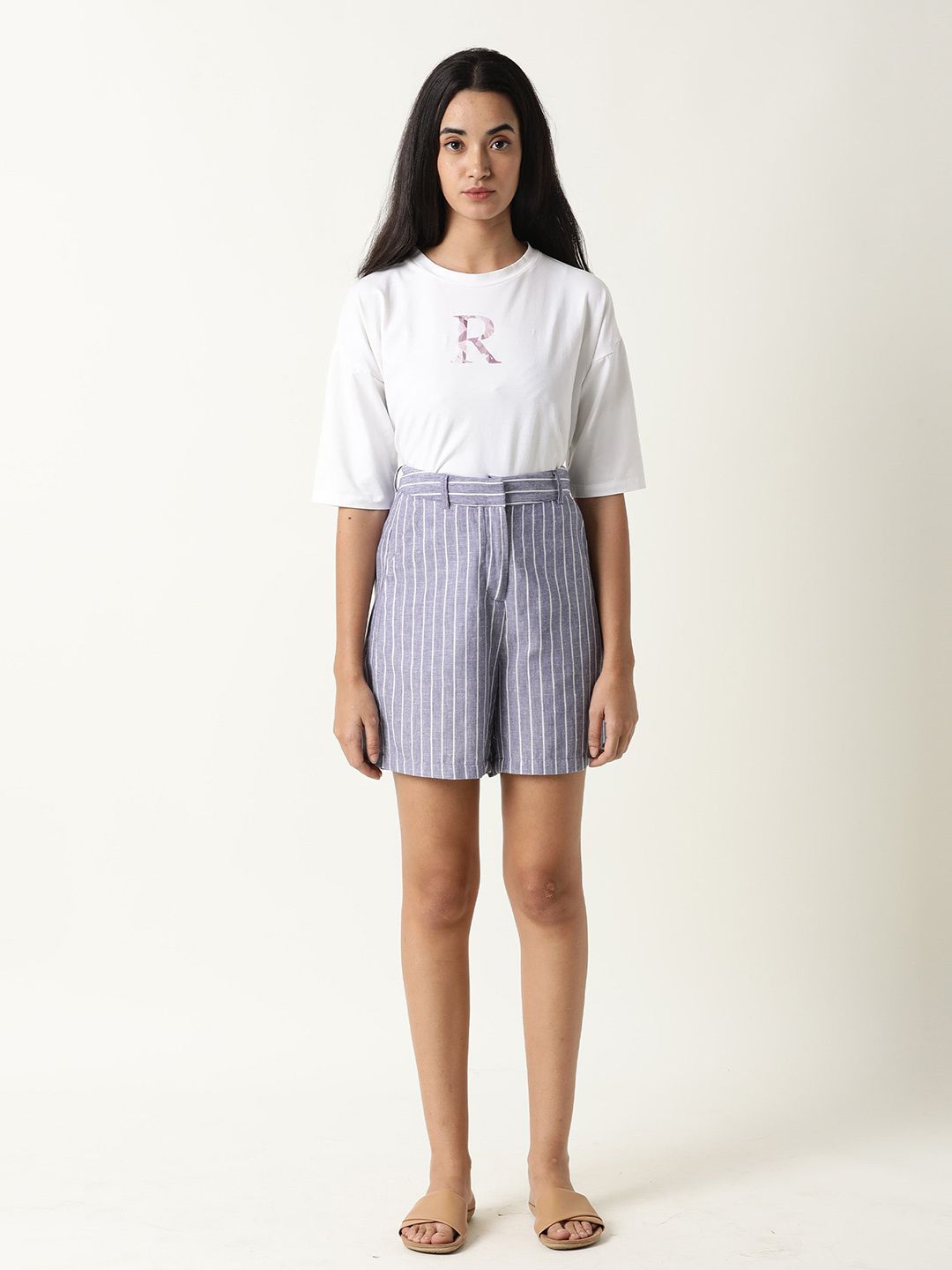 RAREISM Women Blue Regular Fit Striped Shorts
