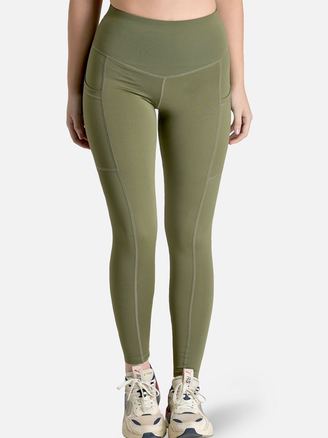 MAKCLAN Women Olive Solid Sports Tights