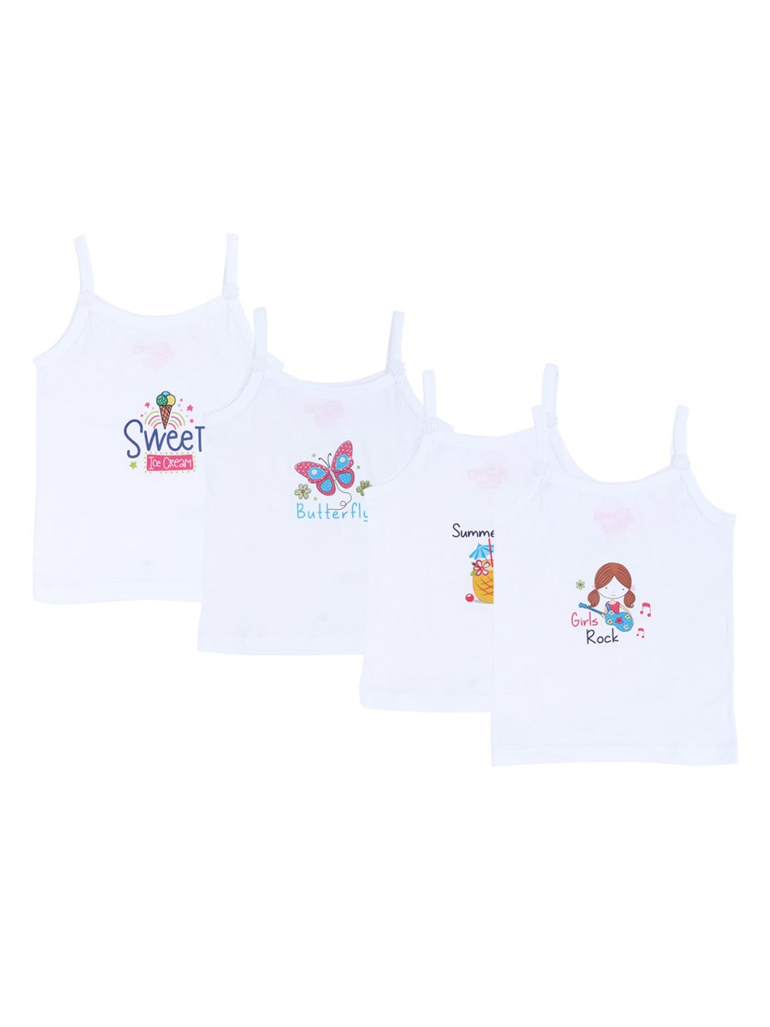 DYCA Girls Pack of 4 White Printed Cotton Camisoles