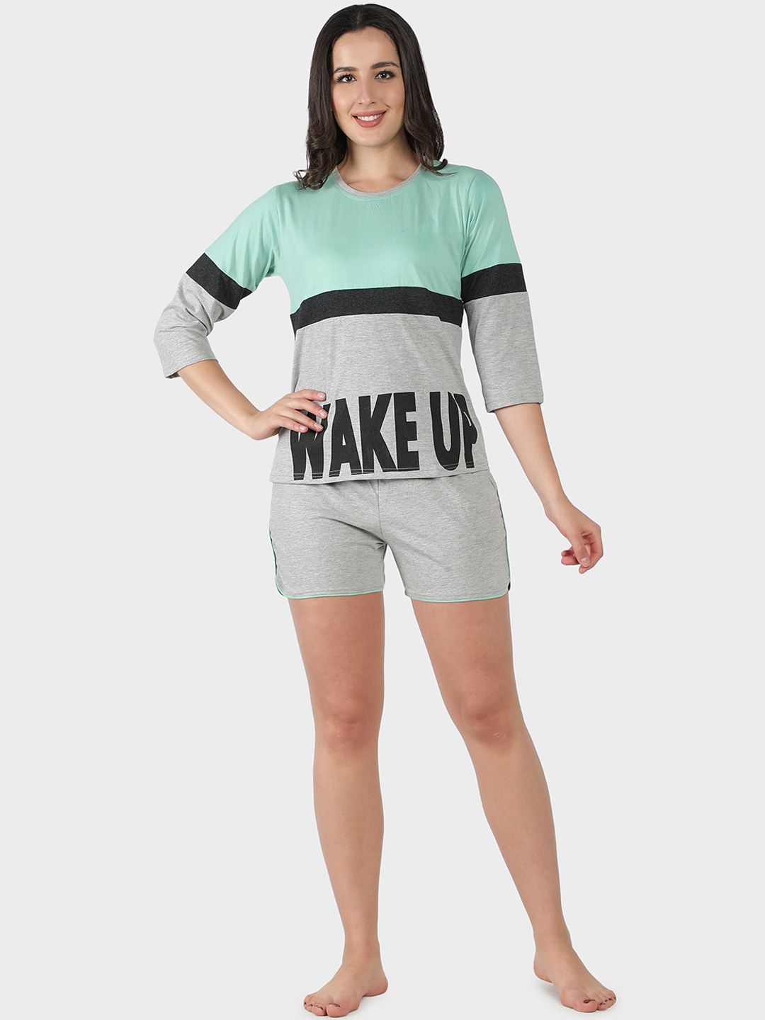 SEPHANI Women Sea Green & Grey Colourblocked Pure Cotton Night suit