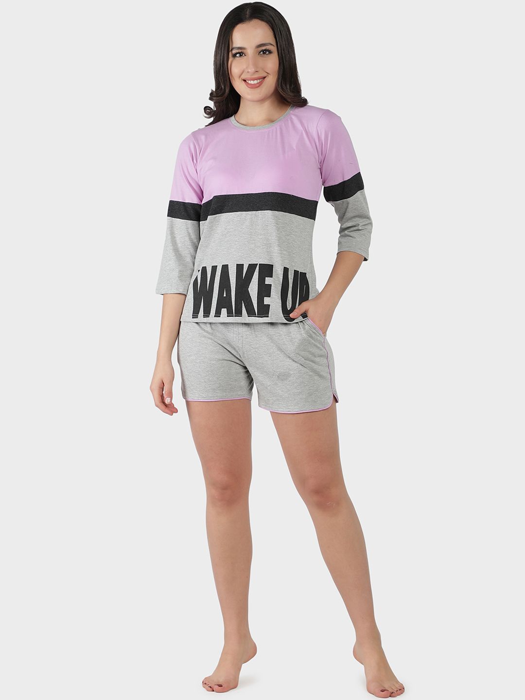 SEPHANI Women Lavender & Grey Colourblocked Night suit