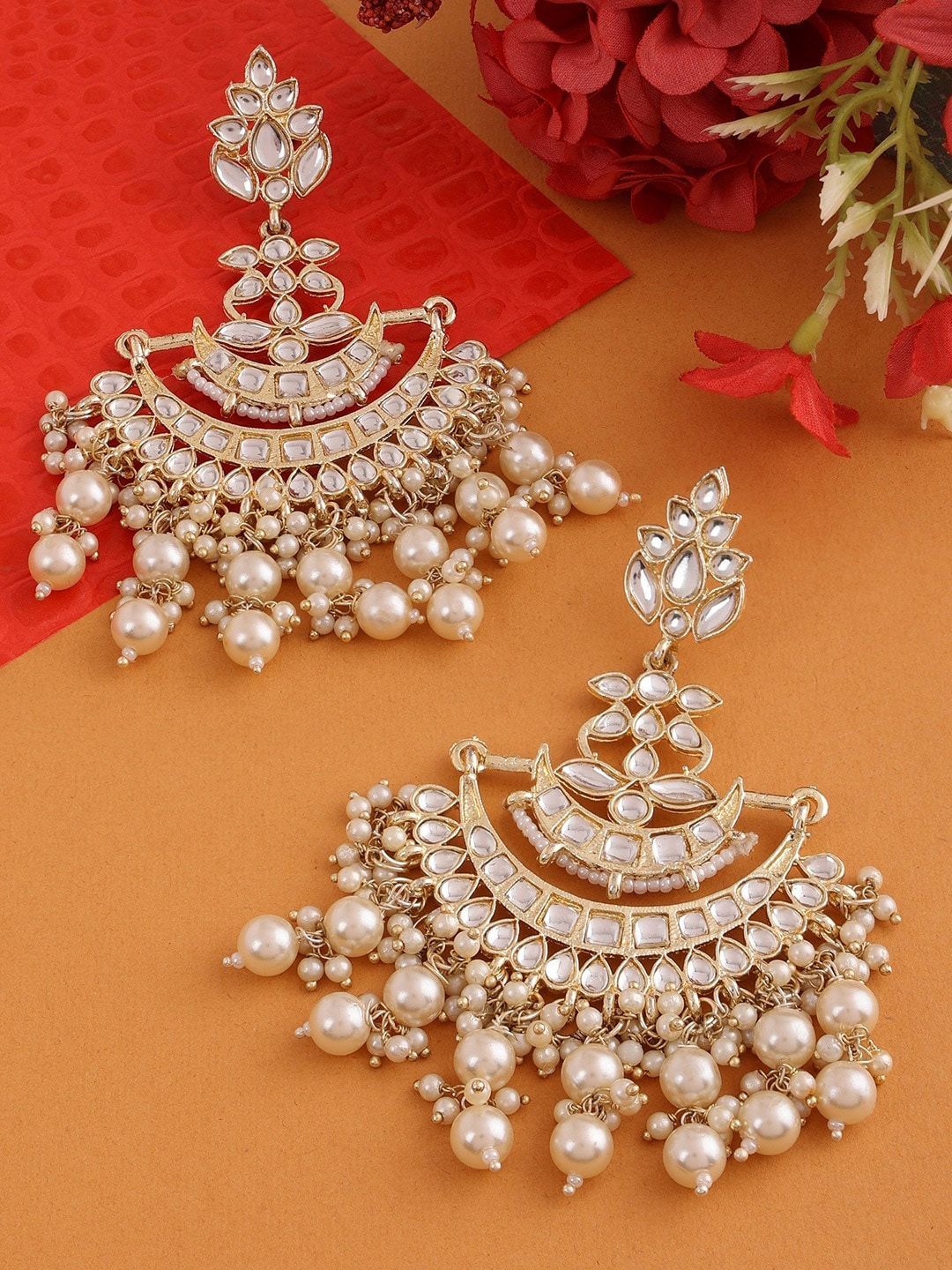 Zaveri Pearls Gold-Plated Crescent Shaped Kundan & Pearls Studded Chandbalis Earrings