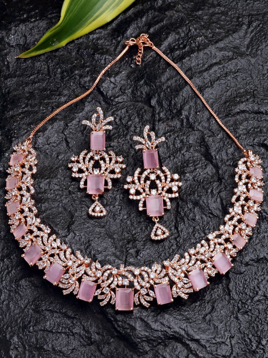 KARATCART Rose Gold-Plated Pink AD Studded Jewellery Set
