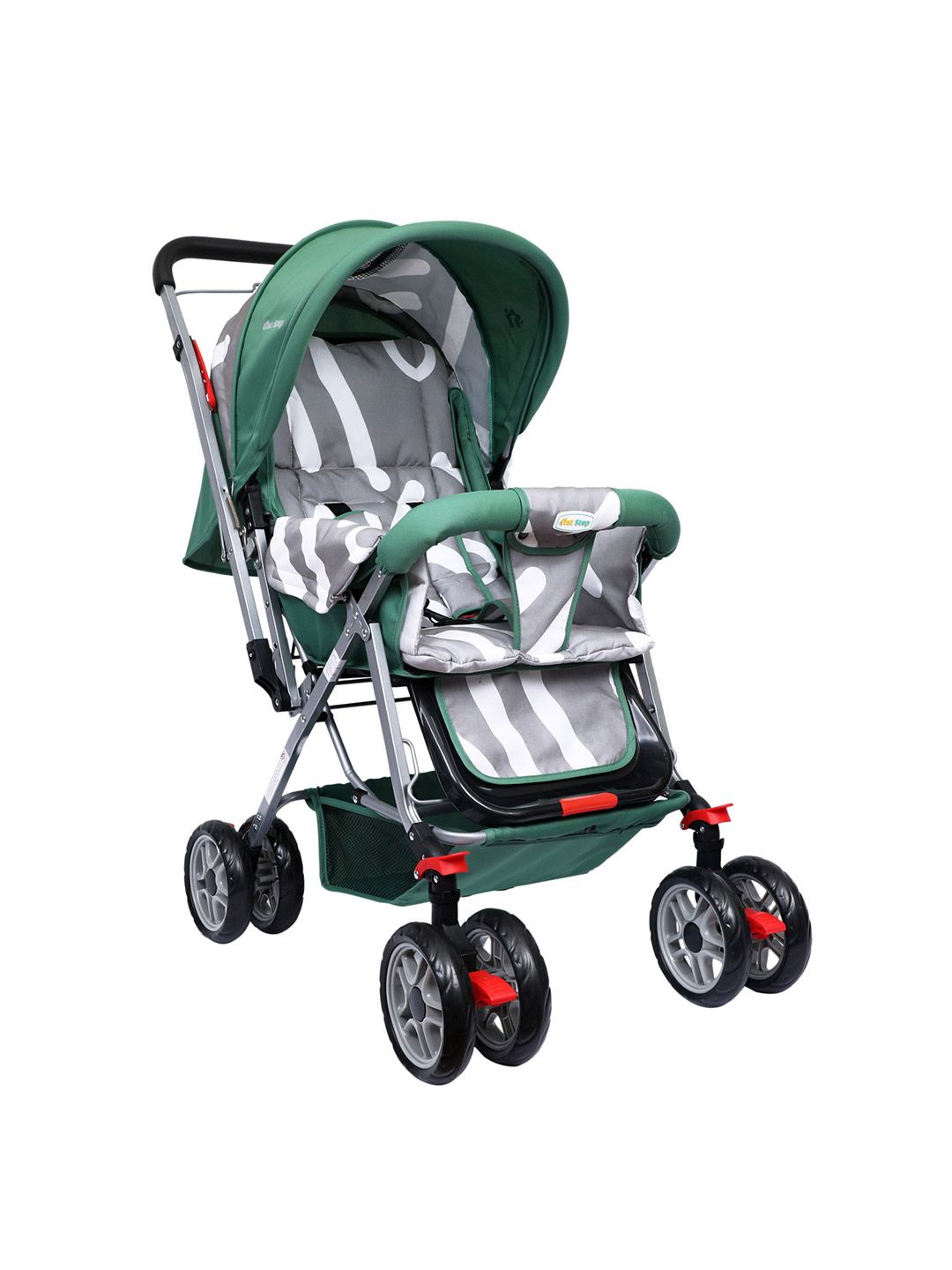1st Step Infants Green Printed Reversible Baby Stroller With 5 Point Safety Harness